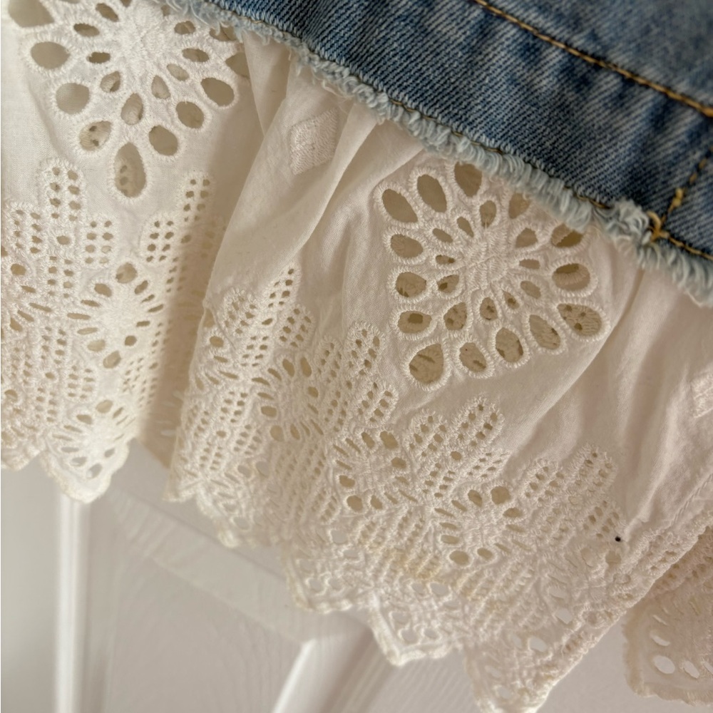 White Eyelet Lace and Denim Skirt